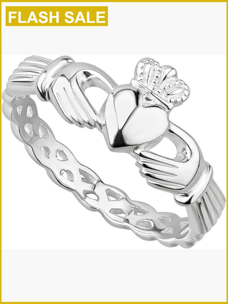 Sterling Silver Claddagh Ring With Braided Band Irish Made Womens Ring Band